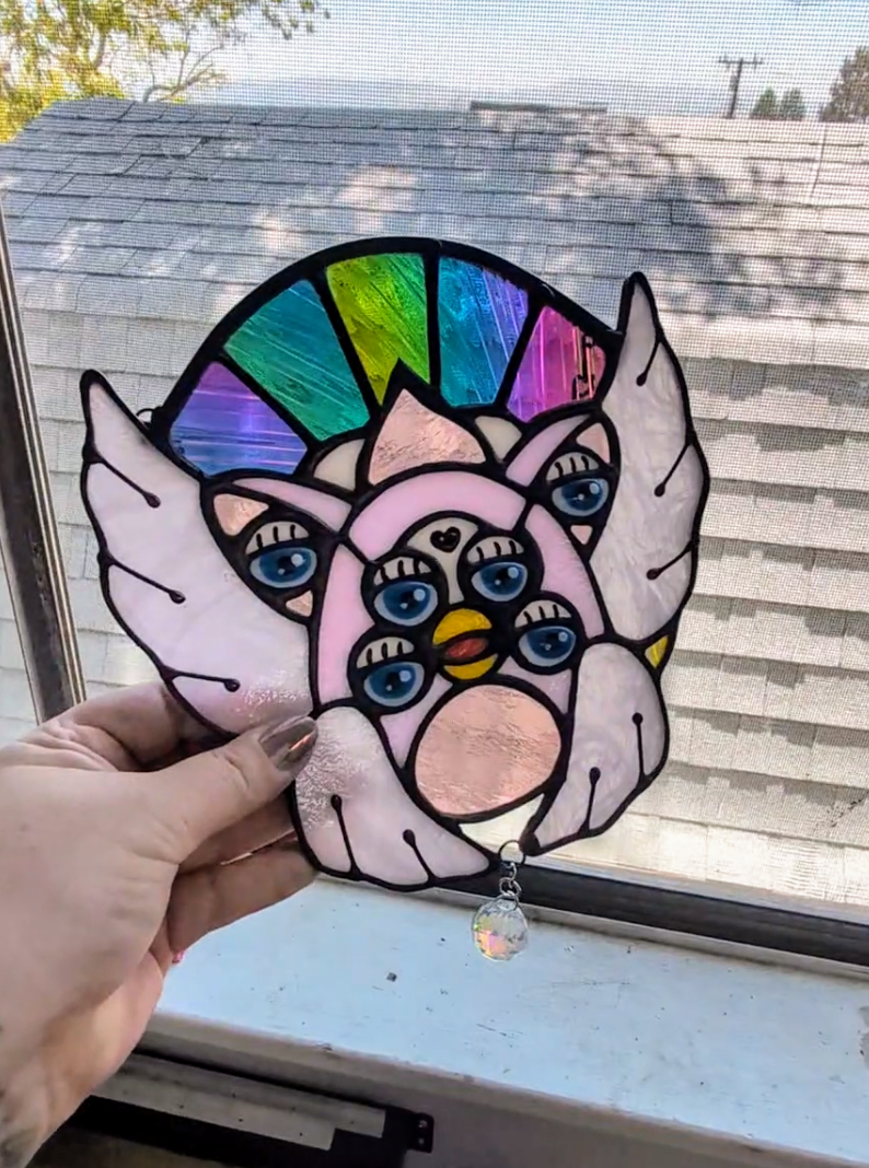 Pink & Rainbow Dichroic Biblically Accurate Furby Angel Stained Glass