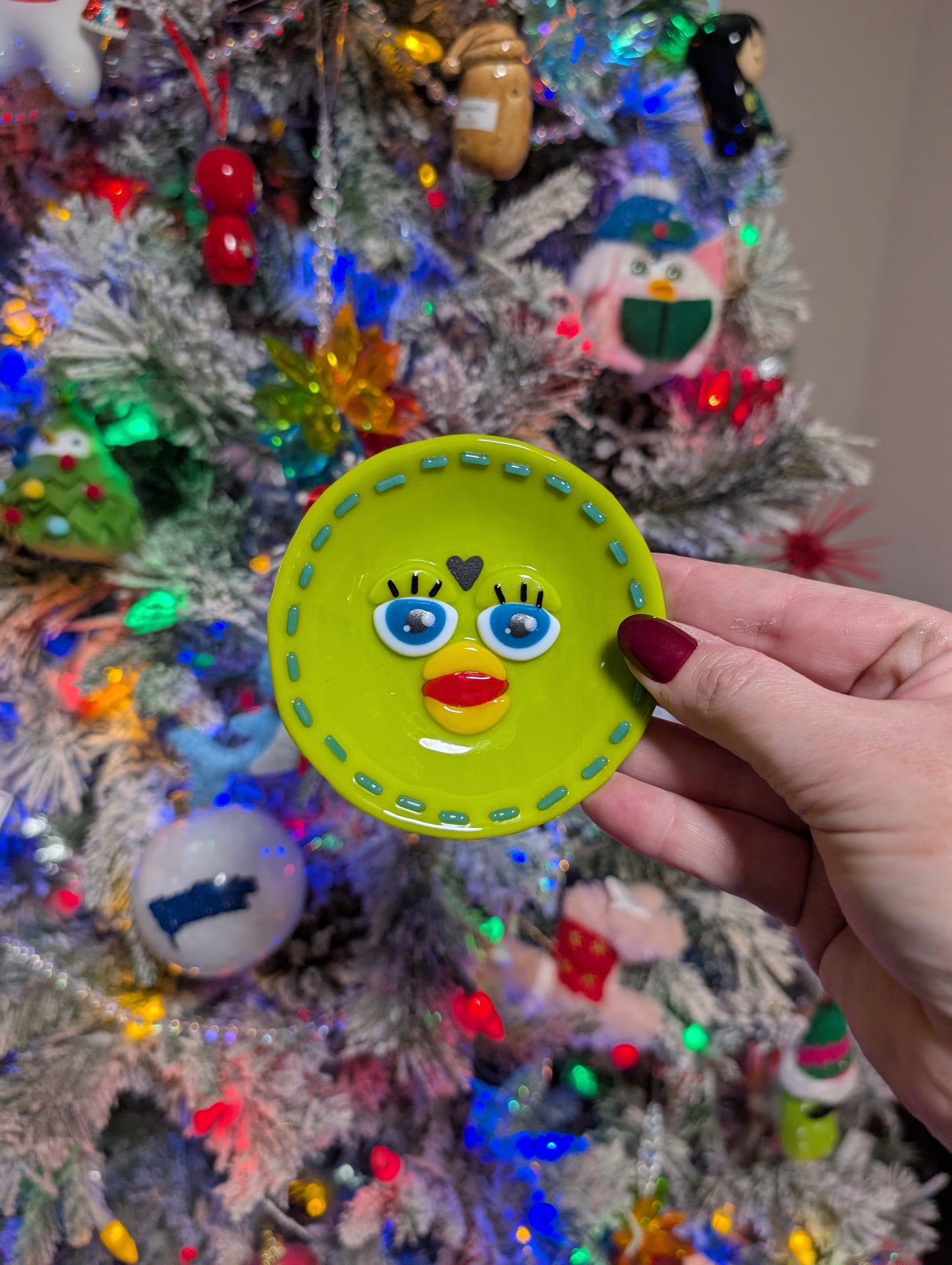 Blues & Greens Fused Glass Furby Trinket Dish