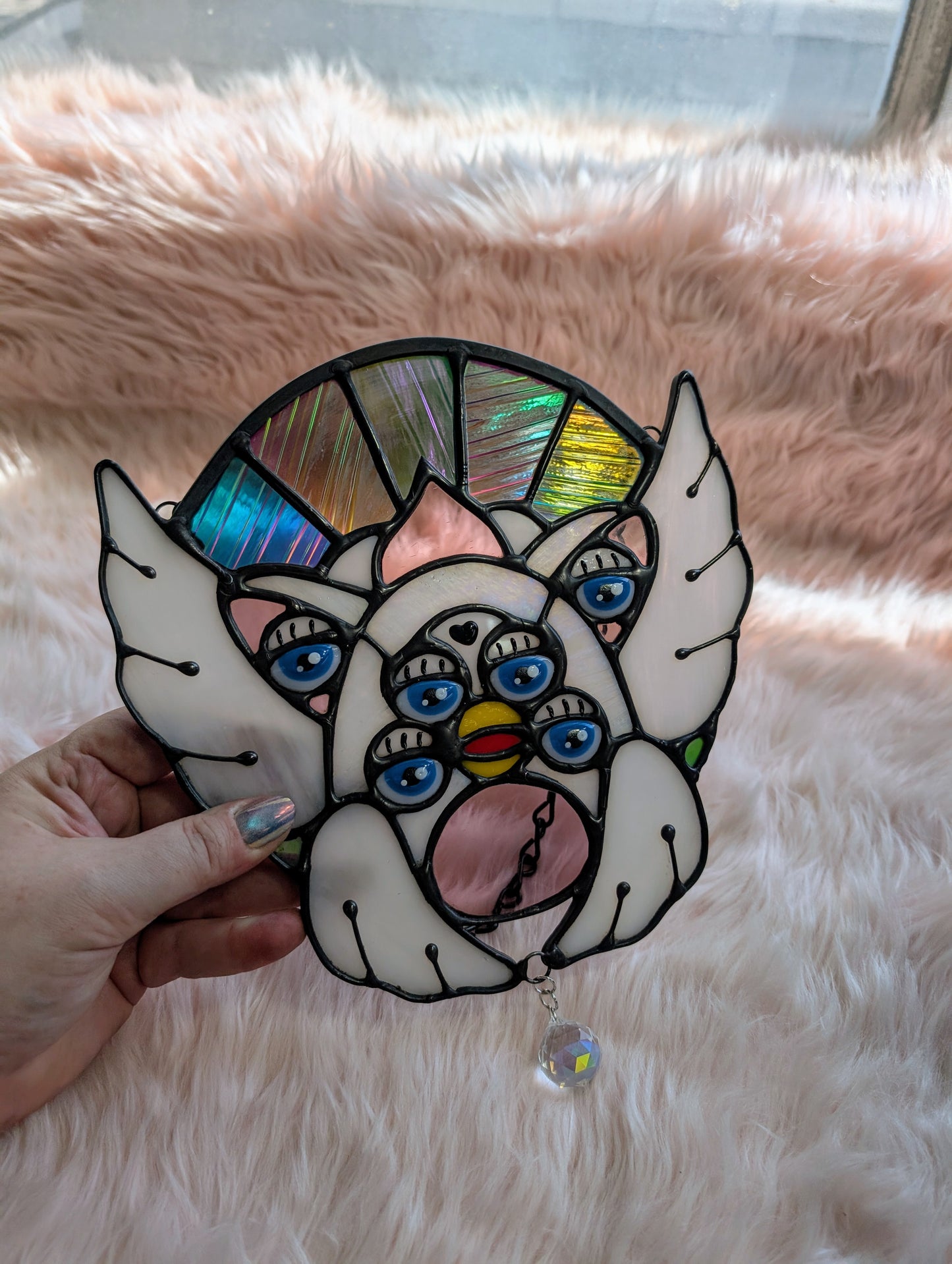 White & Rainbow Dichroic Biblically Accurate Furby Angel Stained Glass