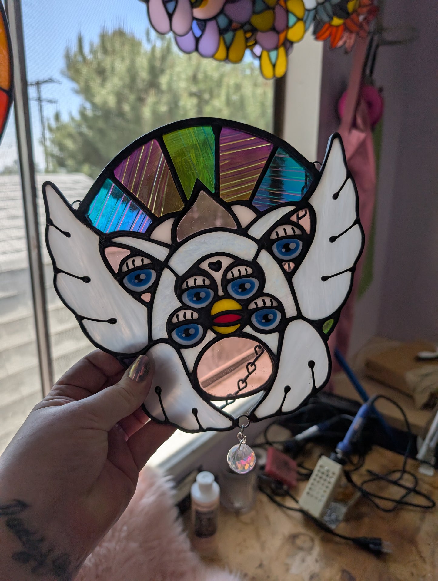 White & Rainbow Dichroic Biblically Accurate Furby Angel Stained Glass