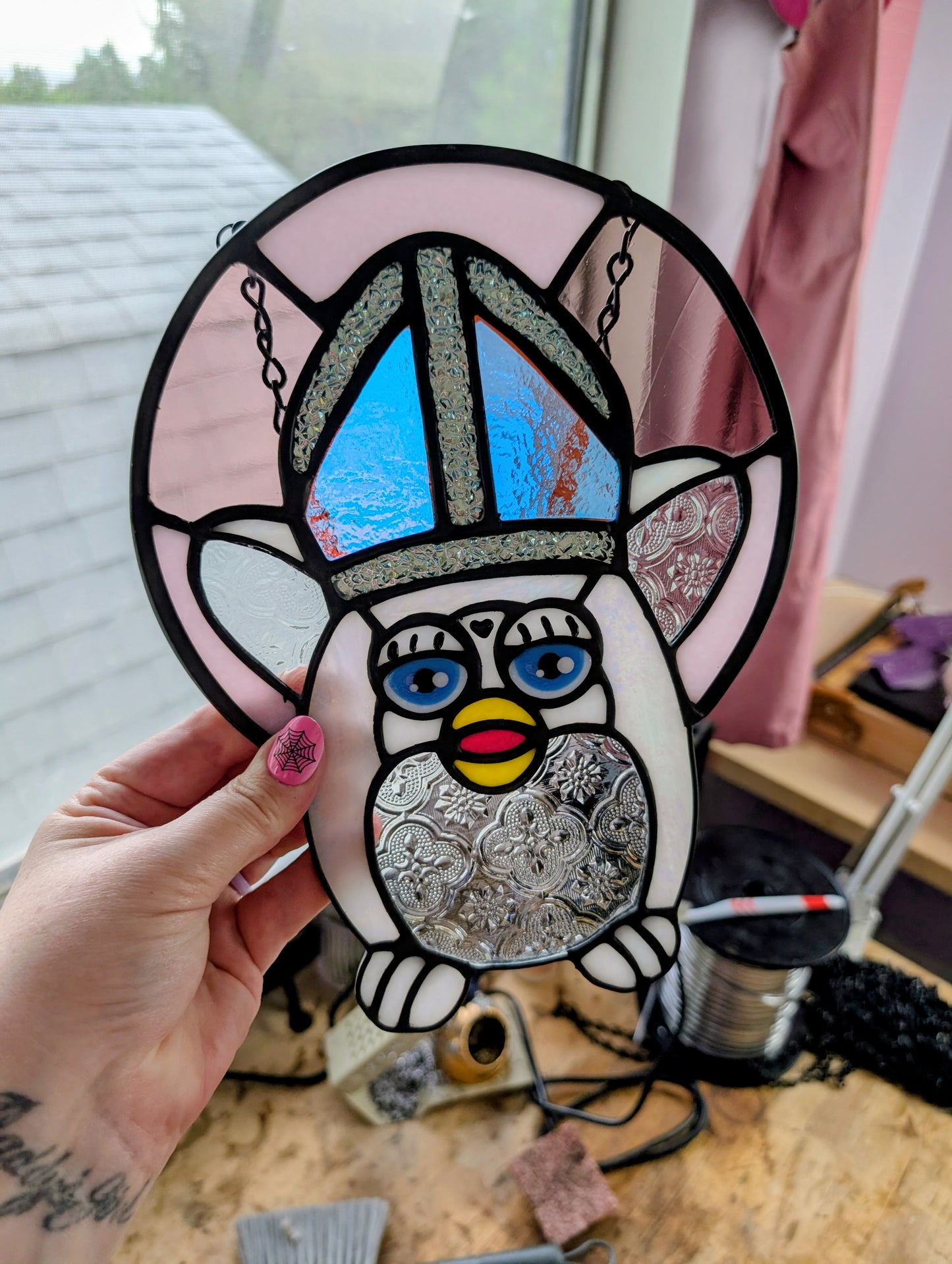 Pink & Dichroic Pope Furby Stained Glass