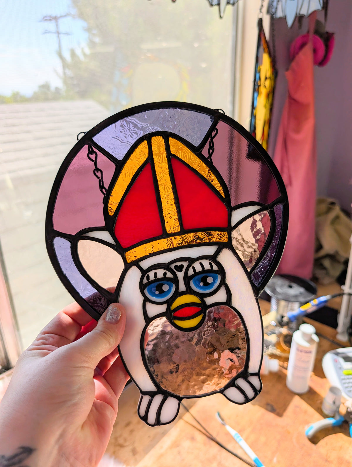Stained glass Furby Pope