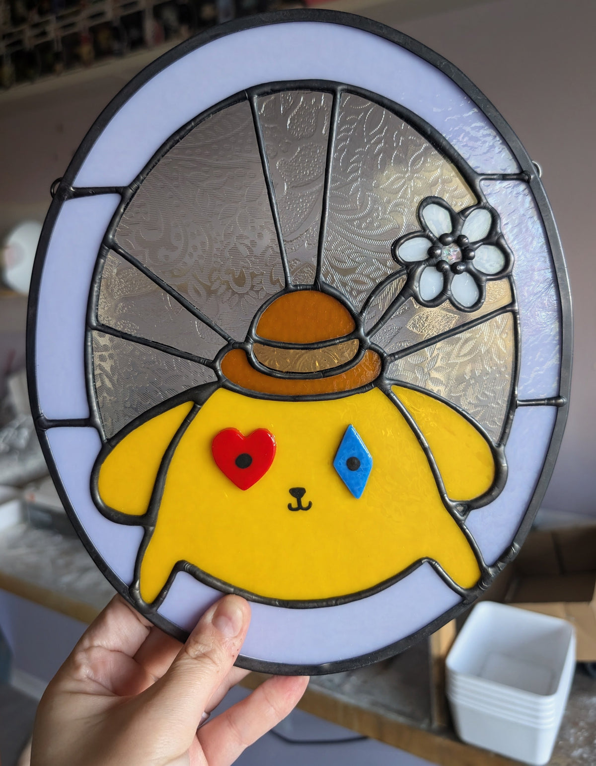 Clown dog stained glass panel