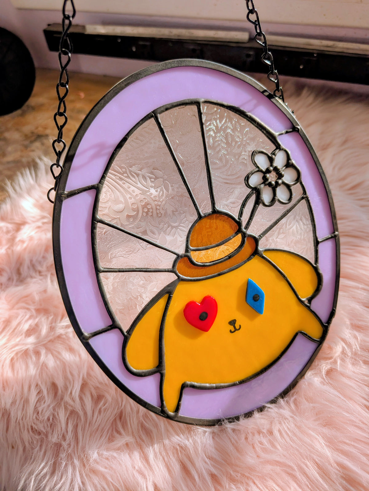 Clown dog stained glass panel