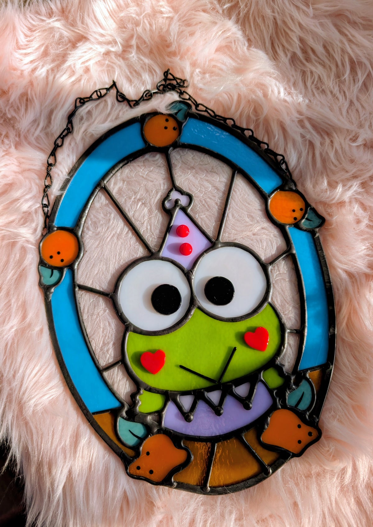 Juggling frog jester stained glass panel