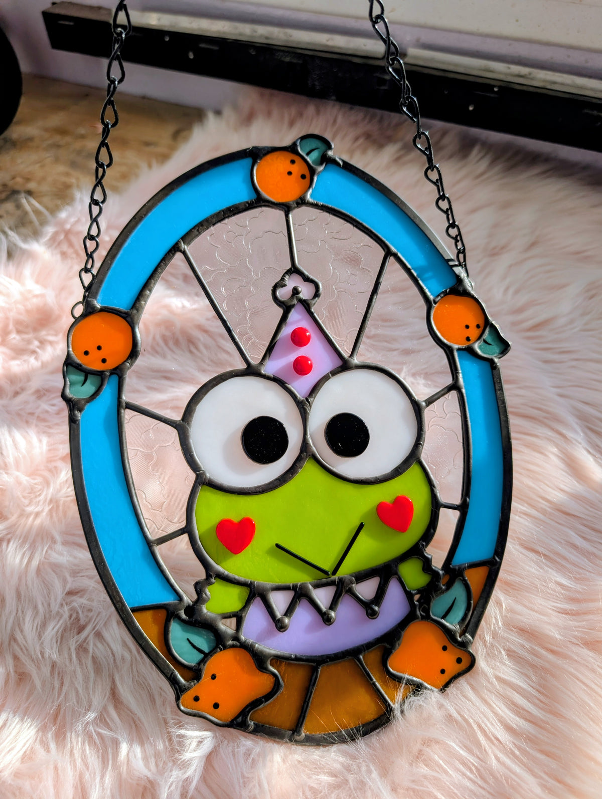 Juggling frog jester stained glass panel