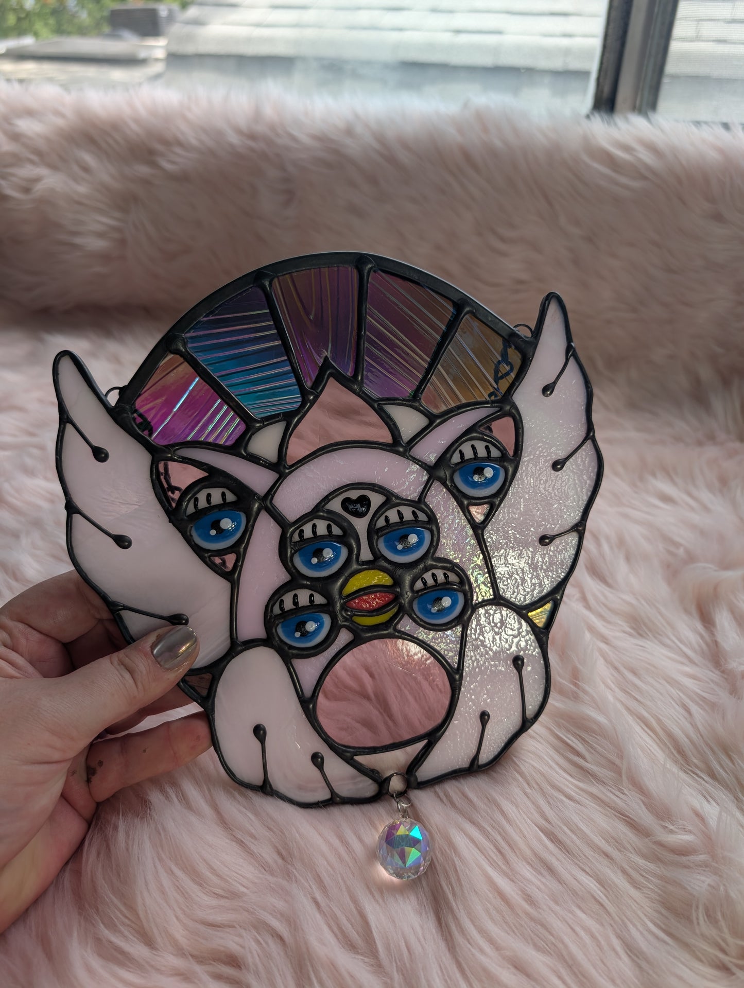 Pink & Rainbow Dichroic Biblically Accurate Furby Angel Stained Glass