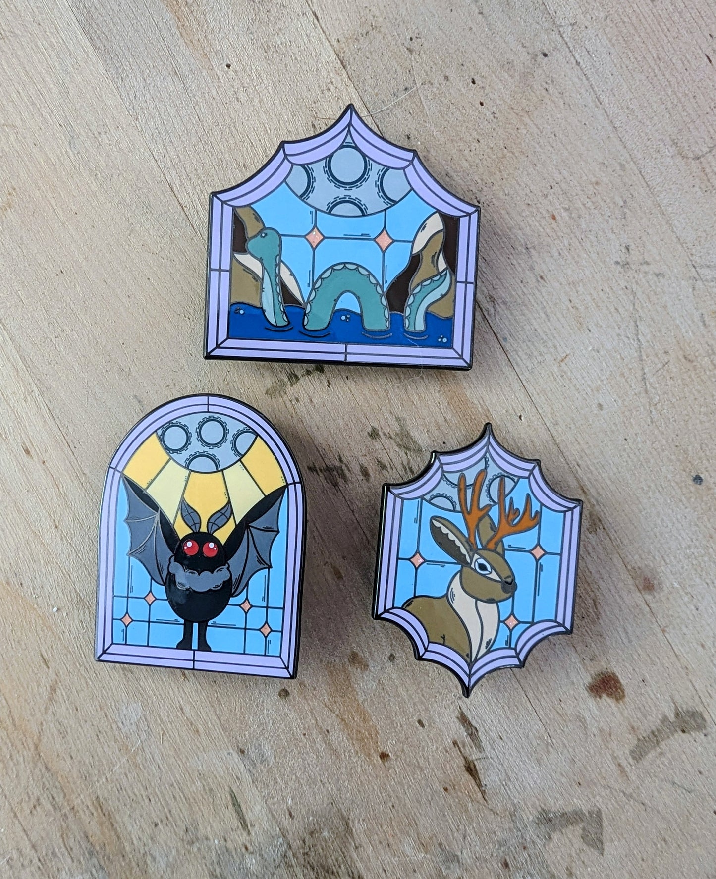 Stained Glass Cryptid Enamel Pin Set