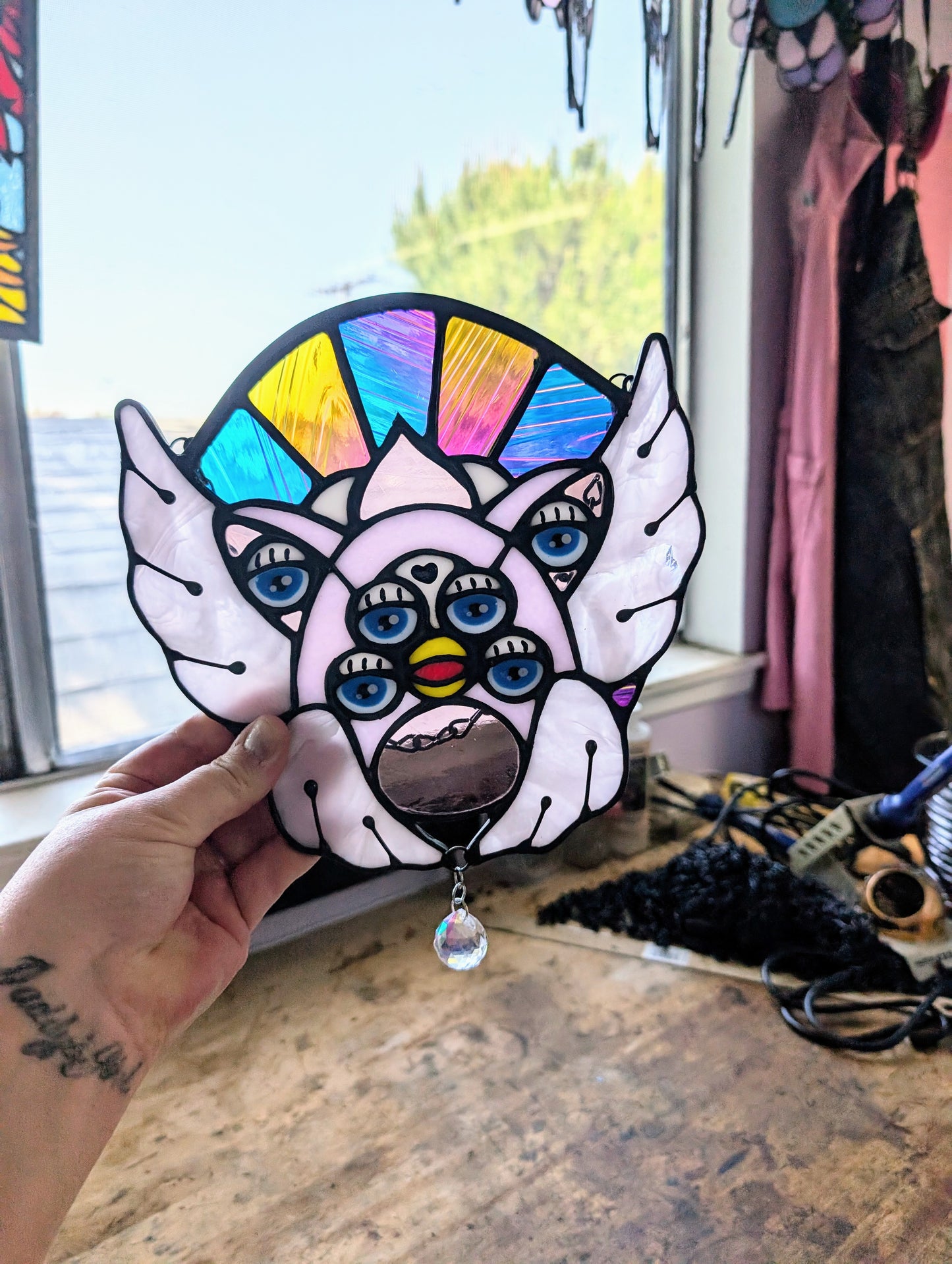 Pink & Rainbow Dichroic Biblically Accurate Furby Angel Stained Glass