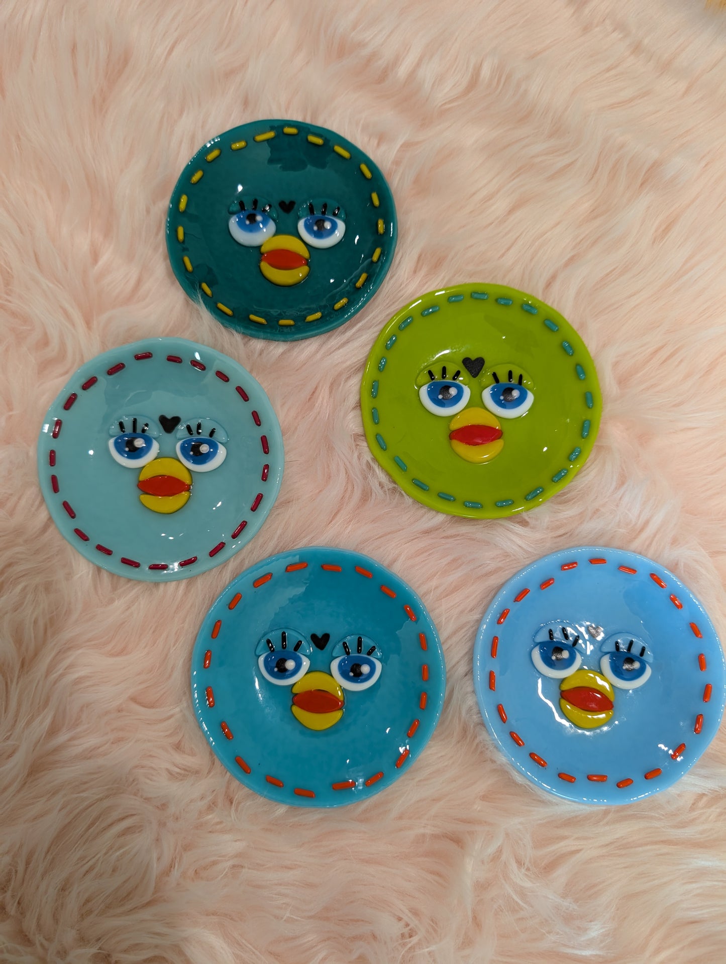 Blues & Greens Fused Glass Furby Trinket Dish