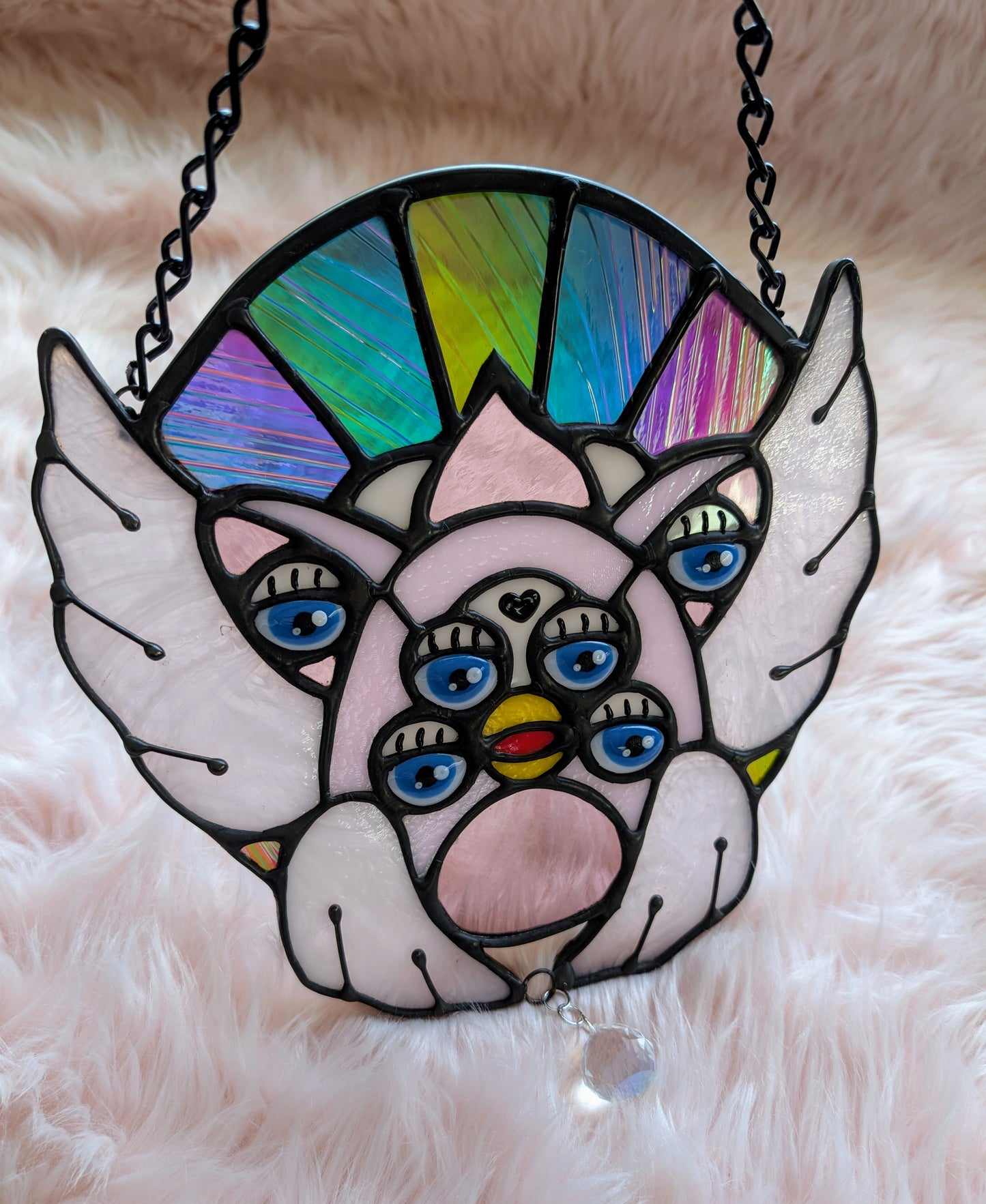Pink & Rainbow Dichroic Biblically Accurate Furby Angel Stained Glass