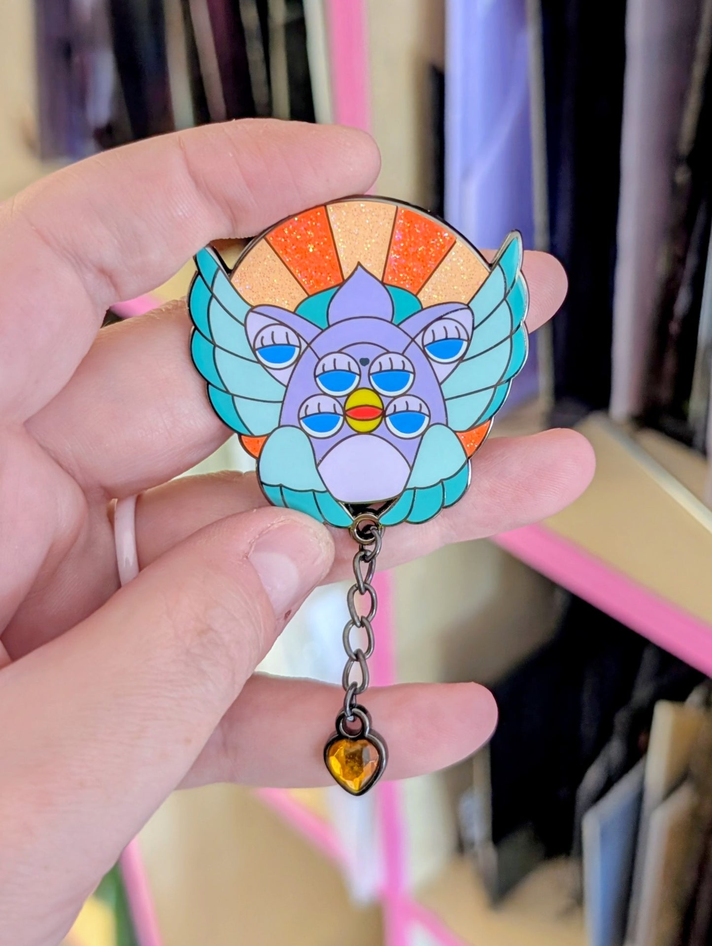 Orange & teal biblically accurate angel enamel pin