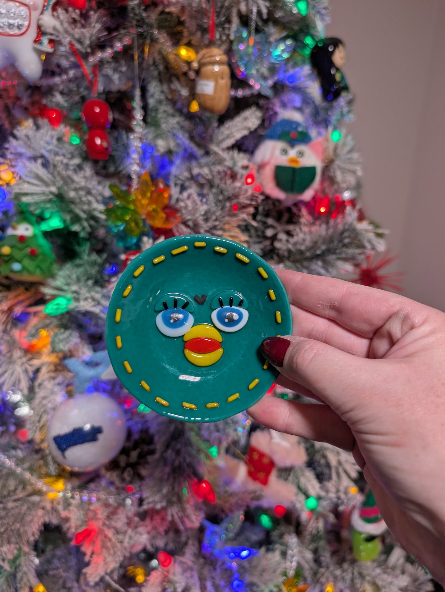 Blues & Greens Fused Glass Furby Trinket Dish