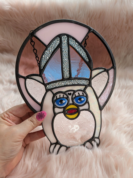 Pink & Dichroic Pope Furby Stained Glass